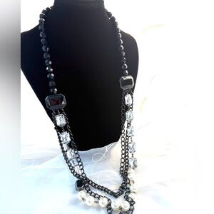 VTG Avon Black Layered Chain Necklace Crystal Pearl Gothic Glam Statement 32” N3